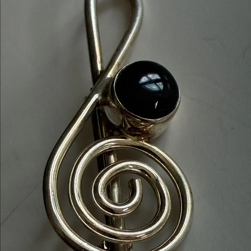 Silpada Silver-Tone Treble Clef Brooch with Black Cabochon